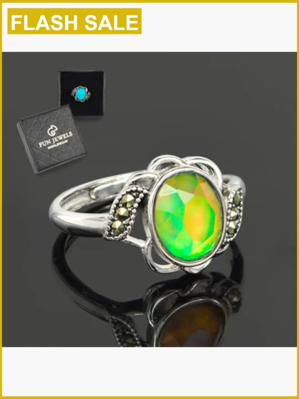 Vintage Flower Mood Ring Adjustable Brass Crystal Size 8mm